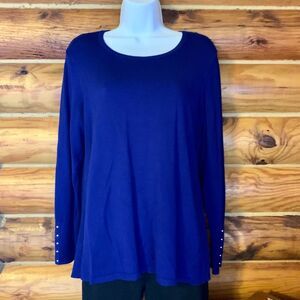 JM Collection Cobalt Blue Crewneck Sweater with Stud Detail on Sleeves Medium